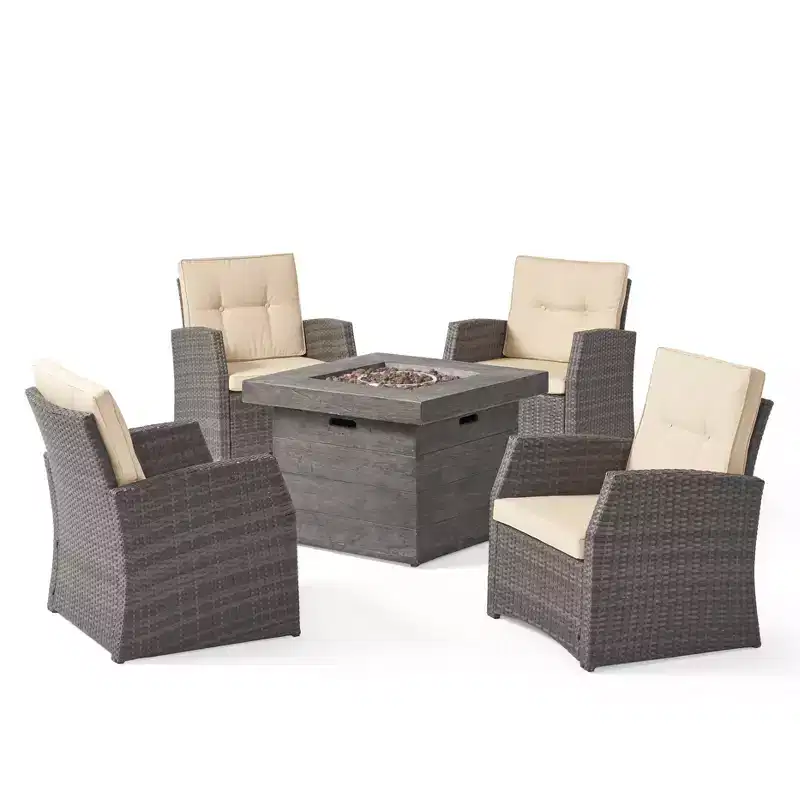 Christopher Knight Home Mawbey Outdoor Wicker 5 Piece Club Chair and Fire Pit Set with Cushions