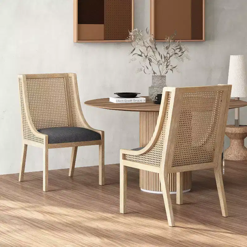 GDFStudio Rustic Fabric Upholstered Wood and Cane Dining Chairs (Set of 2)