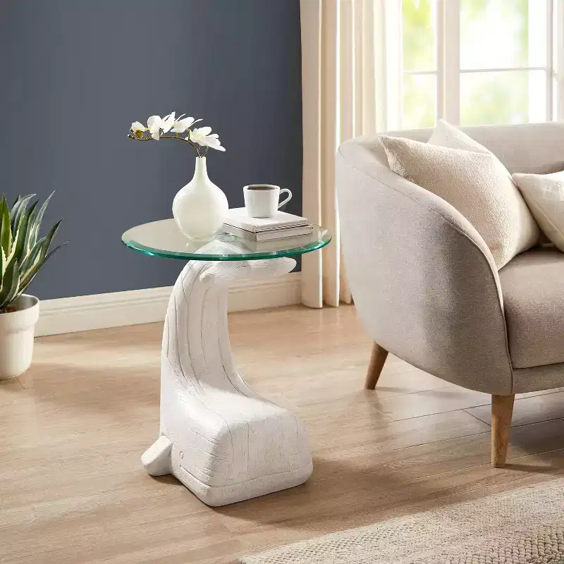 Weldon The Whale Carved Wood and Glass Top Side Table Costal White Driftwood - Linon