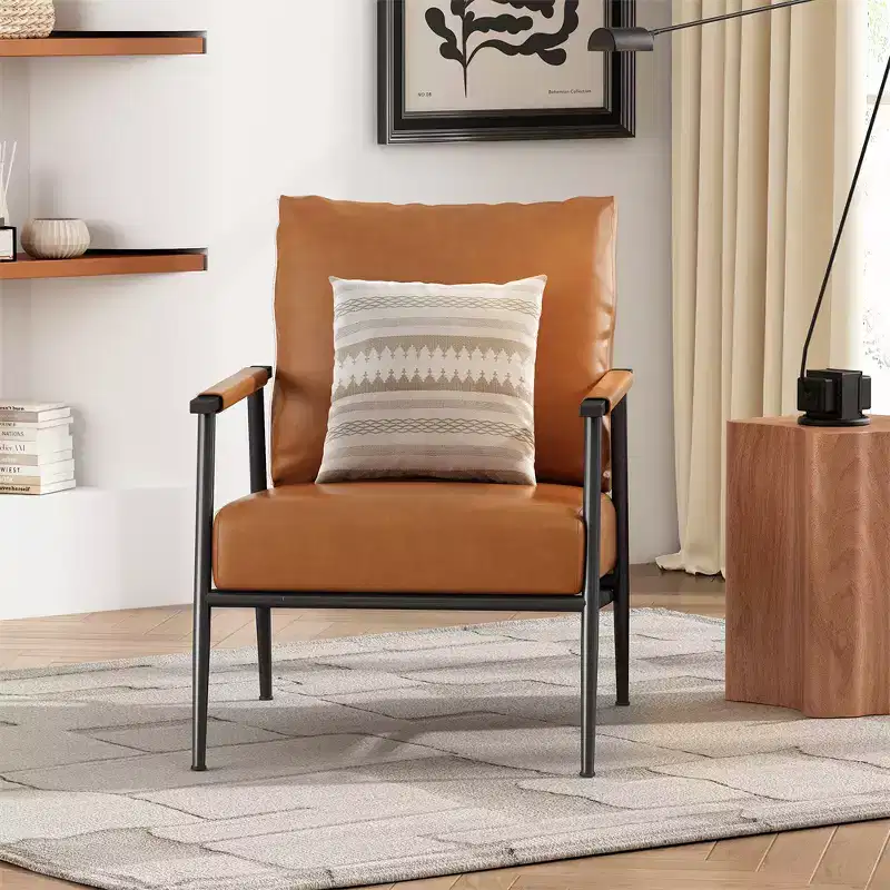Accent Chair, Mid-Century Modern, Brown Faux Leather, Padded High Backrest, Metal Frame, Wood Armrests, for Living Room Bedroom Office