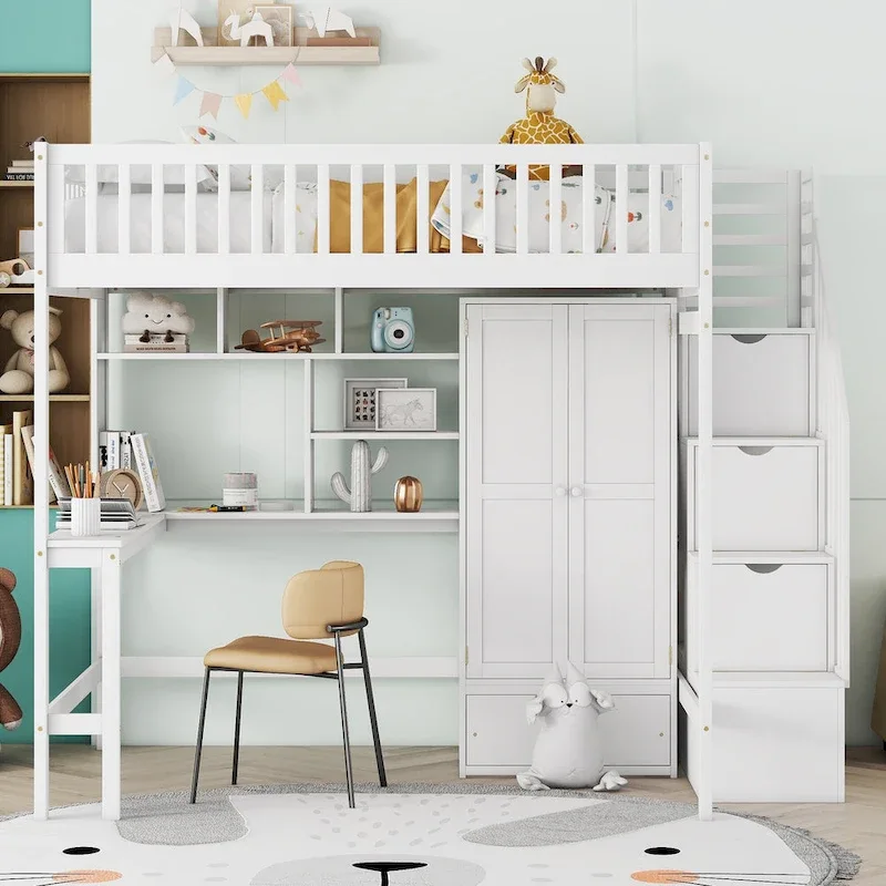 Black / Grey / White Full Size Wood Loft Bed with Desk, Bookshelf & Wardrobe – 1 Person