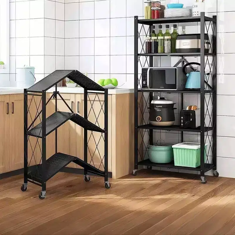 5 Tier Storage Shelf with Wheels Metal Collapsible Shelving Unit Display, No Assembly Organizer Rack for Garage Kitchen Basement Pantry