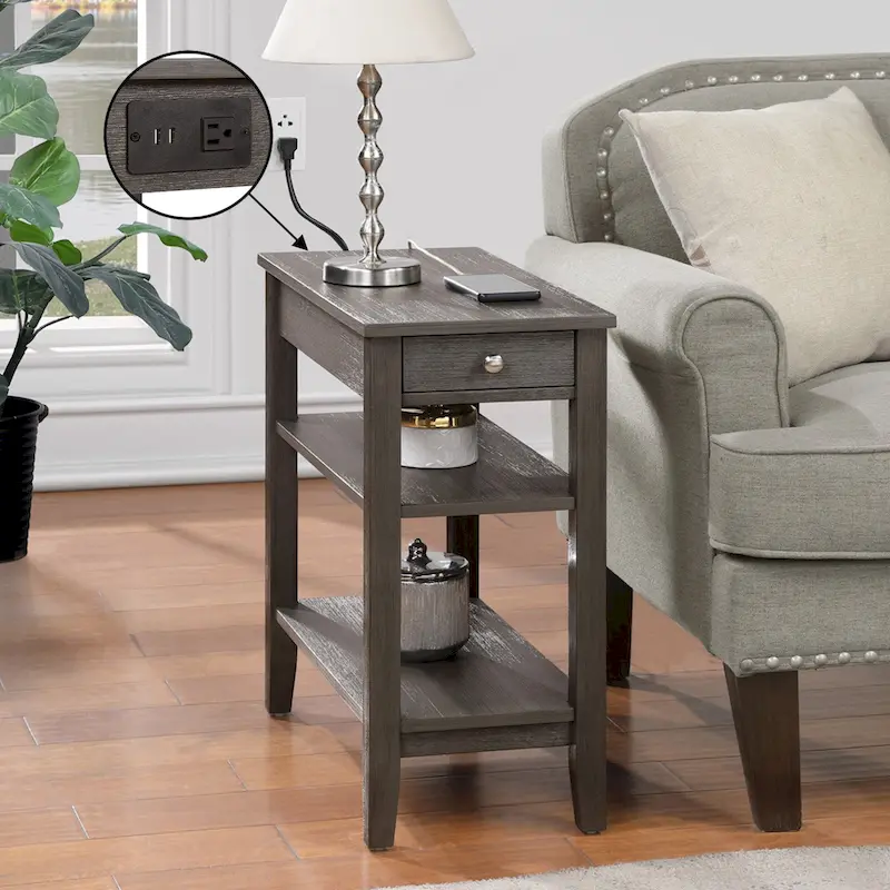 1 Drawer Chairside End Table with Charging Station and Shelves