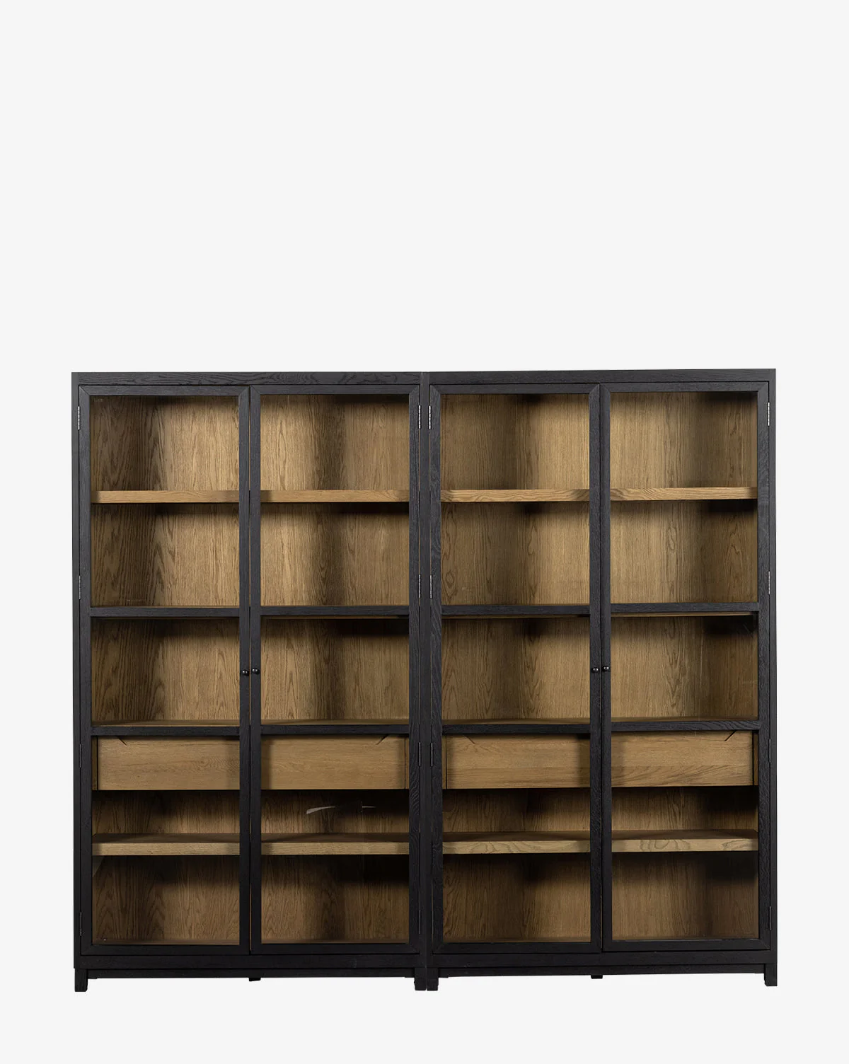 Modern Two-Tone Oak Bookcase with Glass Doors & Interior Drawers for Living Room