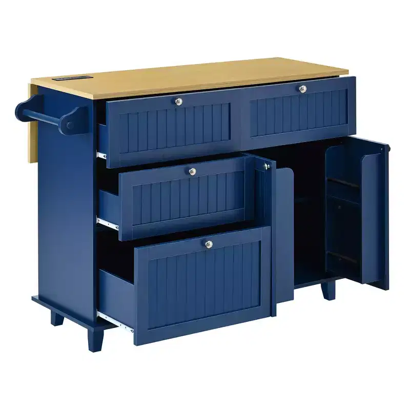 Farmhouse Kitchen Island with Drop Leaf, Drawers, Power Outlet and 2 Seats
