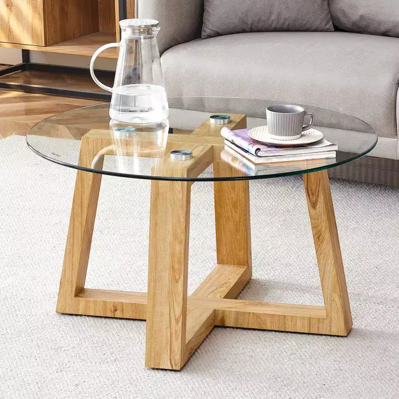 Modern Practical Circular Coffee Tea Tables, With Transparent Tempered Glass Tabletop, Wood Colored Tables For Living Rooms, Bedrooms