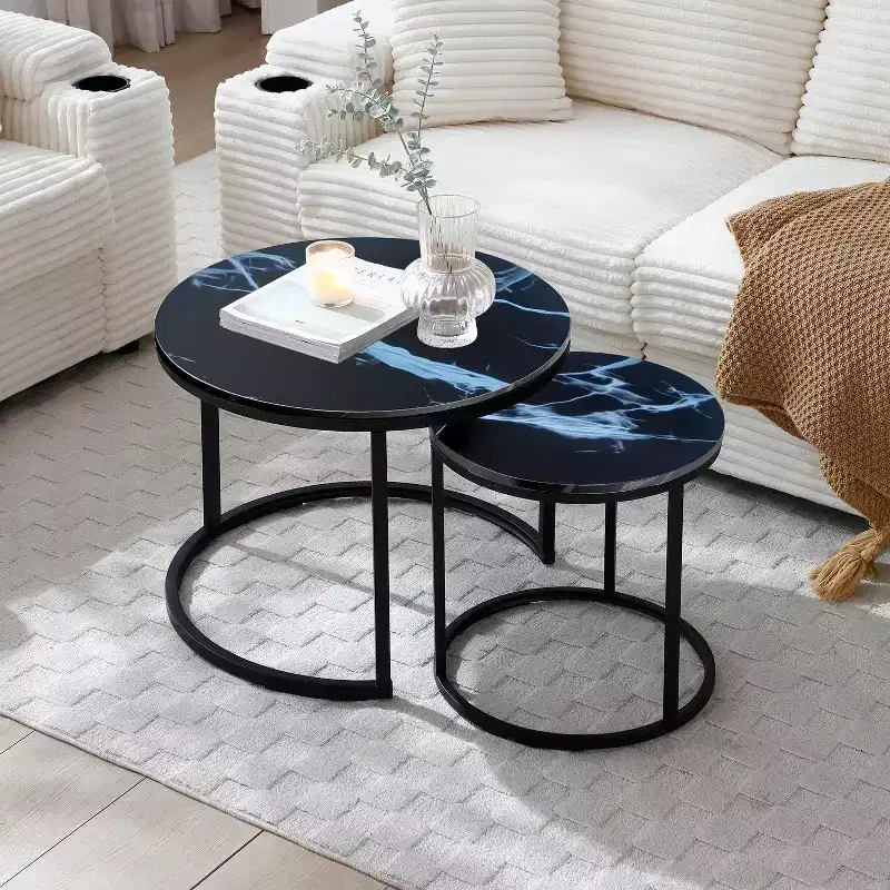 Round Nesting Coffee Table Set of 2 End Table Cocktail Table Center Table Side Table with Sturdy Metal Frame - ModernLuxe