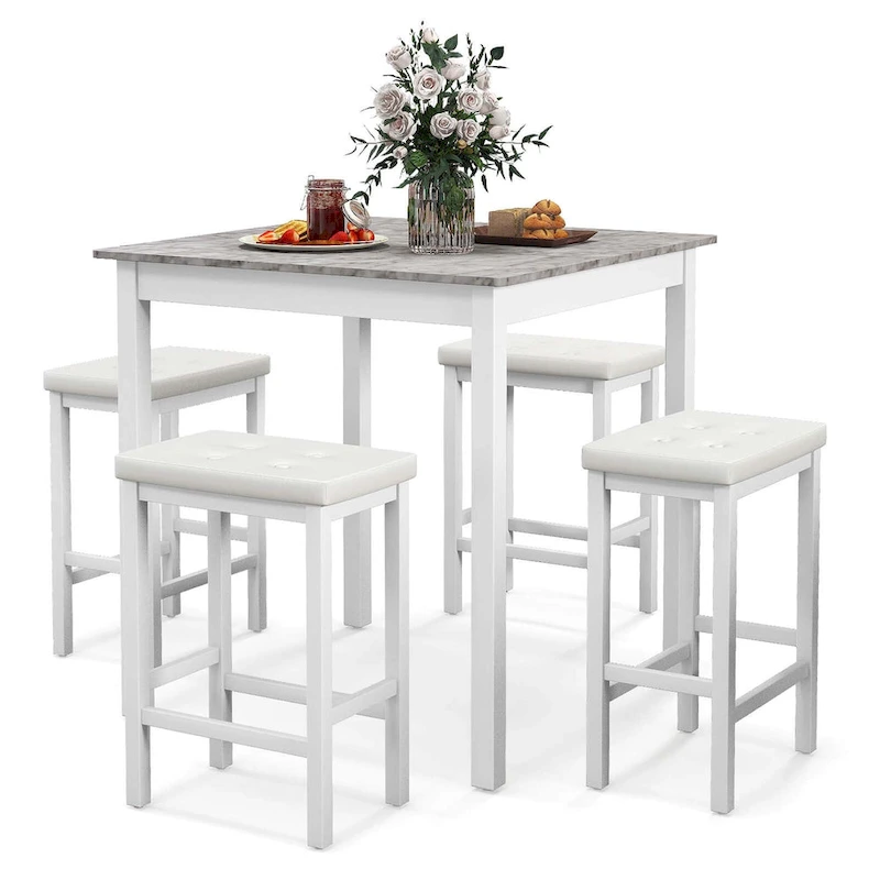 Costway 5 PCS Bar Table Set Square Dining Table & 4 PVC Leather
