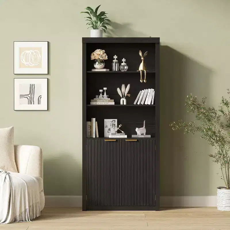 5-Shelf Bookcase with Doors, 71 Storage Bookshelf, Adjustable Shelves for Living Room or Office