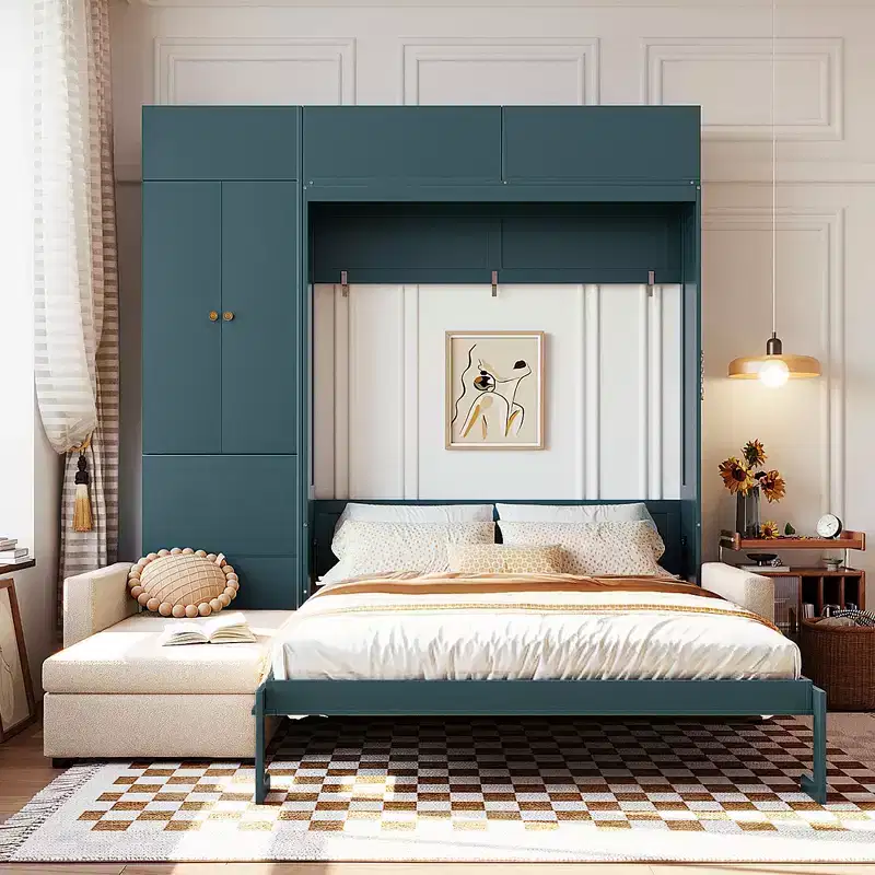 Queen Murphy Wall Bed with Beige Sofa and Shelves, Green Panel