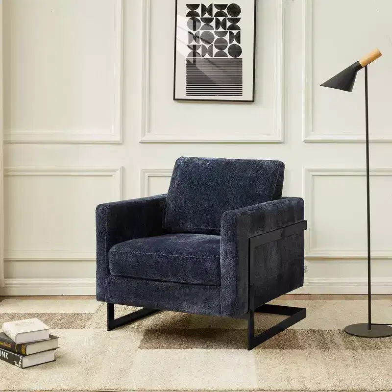 LeisureMod Boucle Fabric Arm Chair with Black Stainless Steel Frame and Removable Back Cushion Lincoln Collection