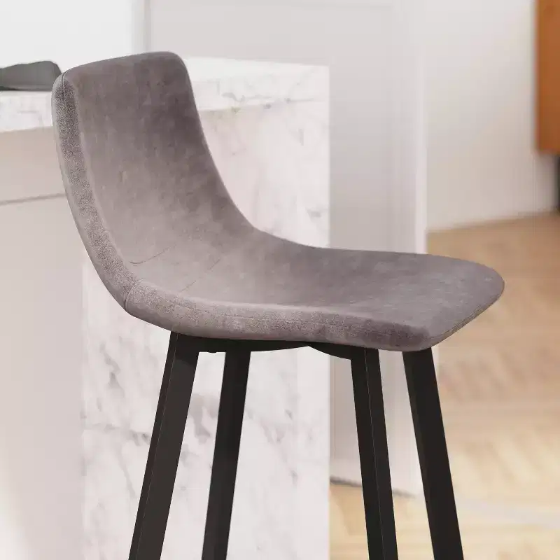 Merrick Lane Set of 2 Modern Upholstered Stools with Contoured, Low Back Bucket Seats and Iron Frames