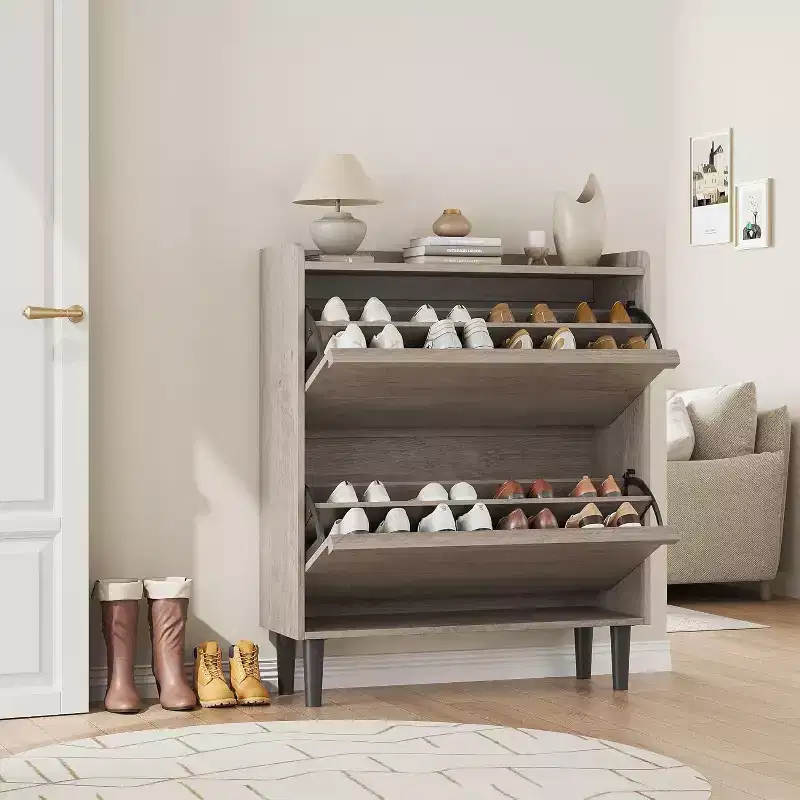 Wooden Shoe Cabinet with 2 Flip Drawers and Adjustable Shelf, Shoe Storage for Entryway, Hidden Shoe Cabinet for Hallway, Living Room, Grey