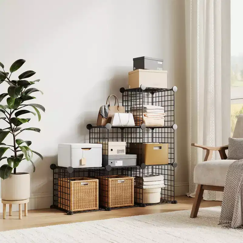 6-Cube Modular Wire Grid Shelf Unit – Black, Blue, Gray, Pink & White | DIY Storage for 1