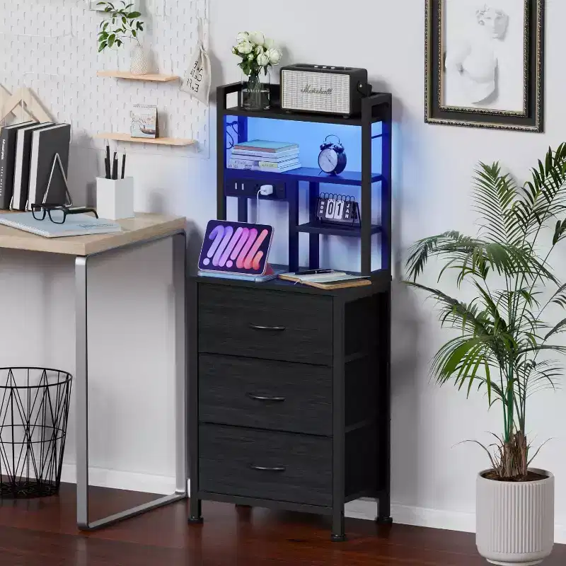 45.3in Tall Bedside Table with USB Charging Station and LED Light, 3 Fabric Drawer Nightstand Bookshelf for Small Space Bedroom Dorm, Black