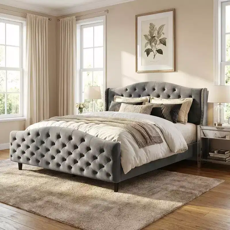 Queen Size Tufted Upholstered Platform Bed Frame with Raised Wing Back Headboard, Mattress Foundation & Wood Slat Support, No Box Spring Needed, Gray