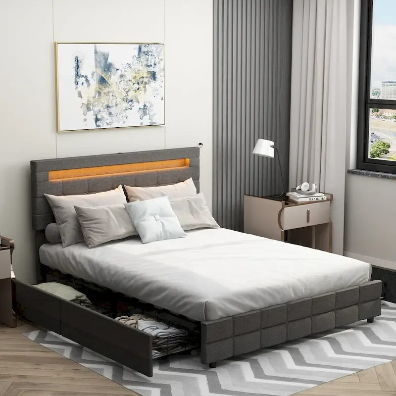 60.6 Queen Bed Frame with Drawers LED Bed Frame USB Charging Station
