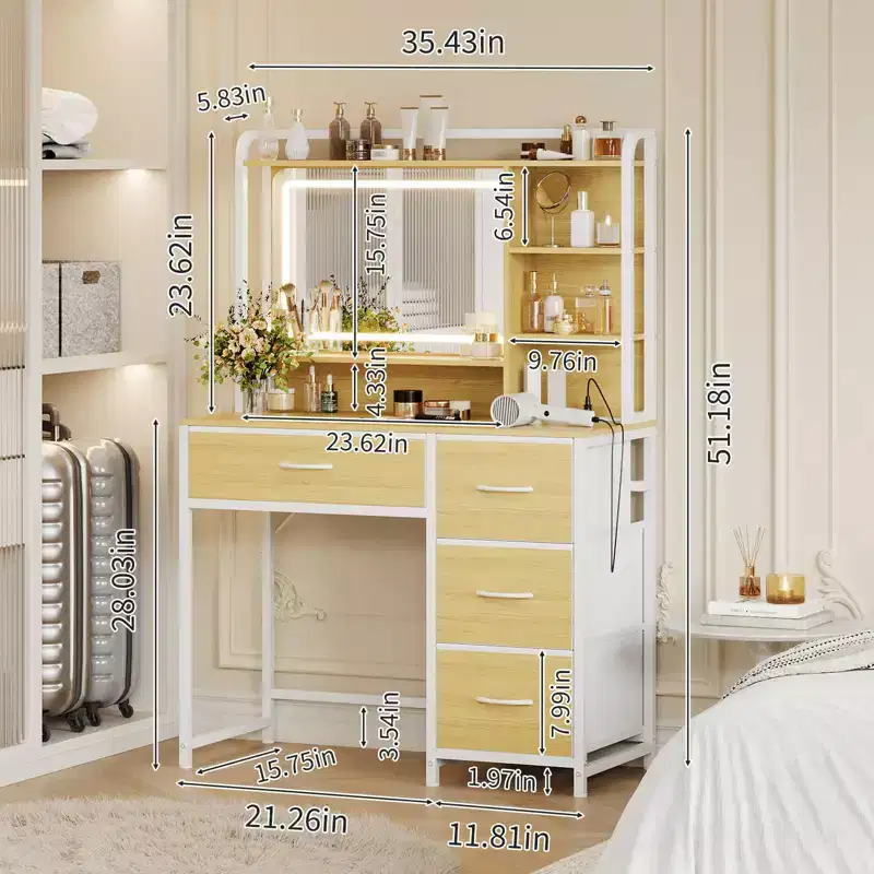 COZONY Vanity Desk with Mirror, 35.4 Makeup Vanity Table with Shelves & 4 Fabric Drawers, Modern Dressing Table for Bedroom