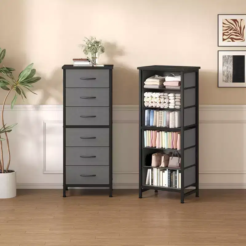 JIONJOY 6-Tier Narrow Drawer Storage Cabinet with Open Shelves, for Bedroom, Living Room, Office OrganizationGray Fabric