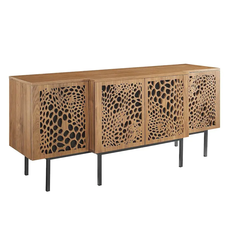 Walnut Veneer Sideboard Credenza with Sliding Doors for 1–4 Person Dining Room