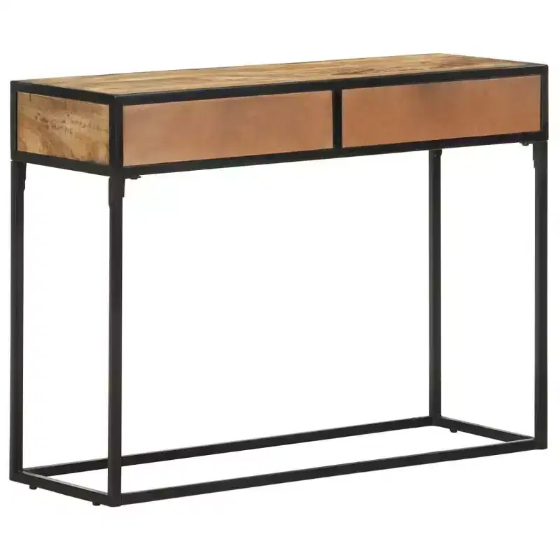 Solid Mango Wood Console Table with Carved Drawers & Steel Frame, 39.4