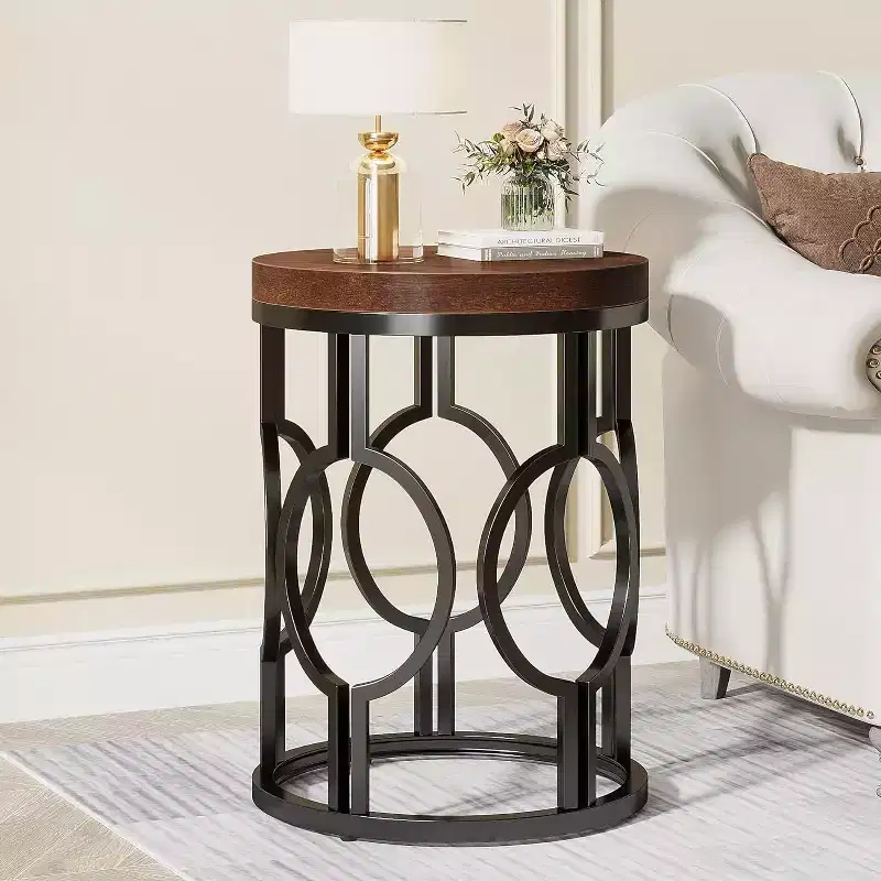 Okak Industrial Narrow Round End Table with Hollow Metal Base,Cylinder Nightstand Side Table for Living Room,Bedroom