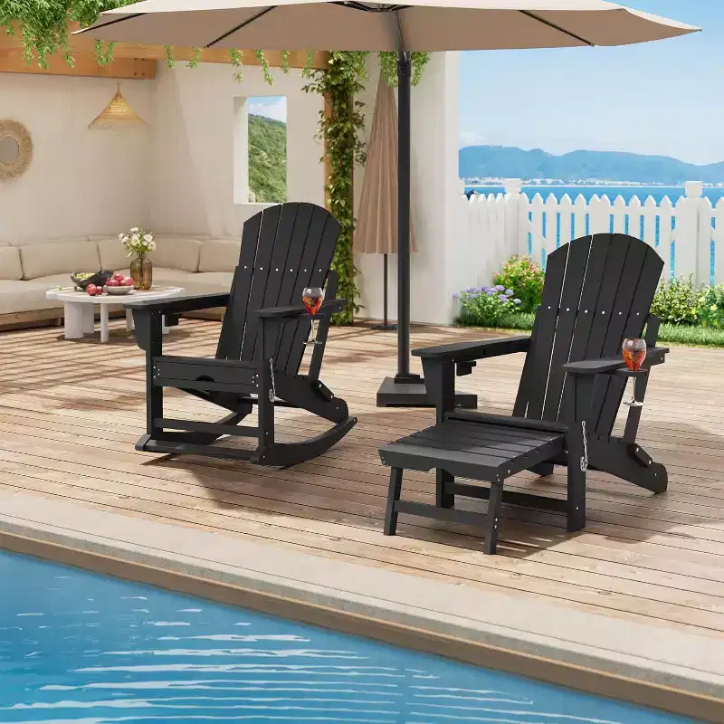 Adirondack Outdoor Rocking Chairs for Porch, Folding Adirondack Rocker Chair With Two Cup Holders, HDPE All Weather Outdoor Adirondacks Rocking Chair