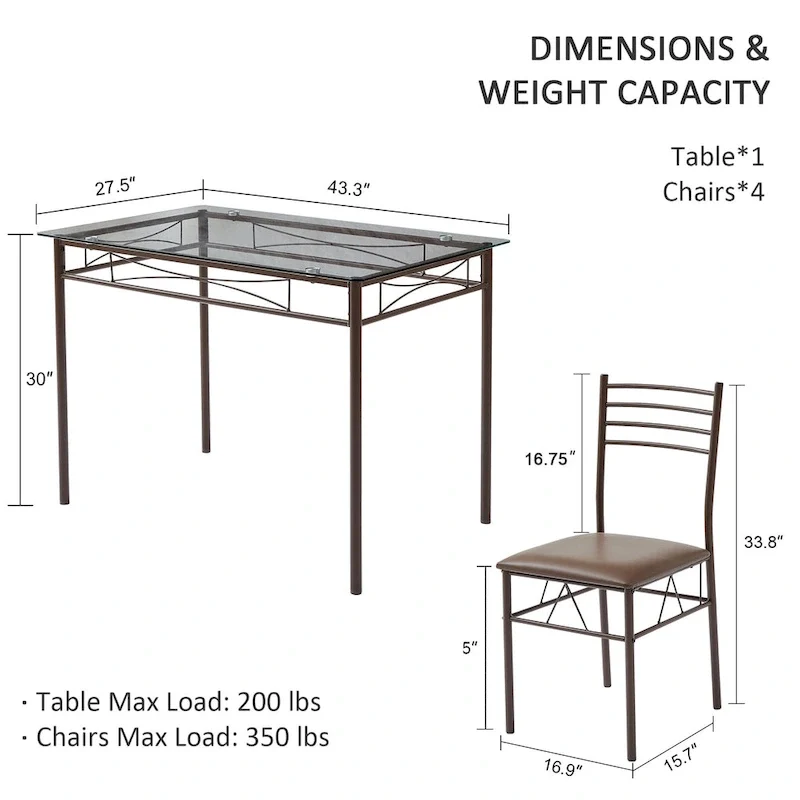 5-pieces Modern Dining Sets,Tempered Glass Table Top and 4 PU Chairs