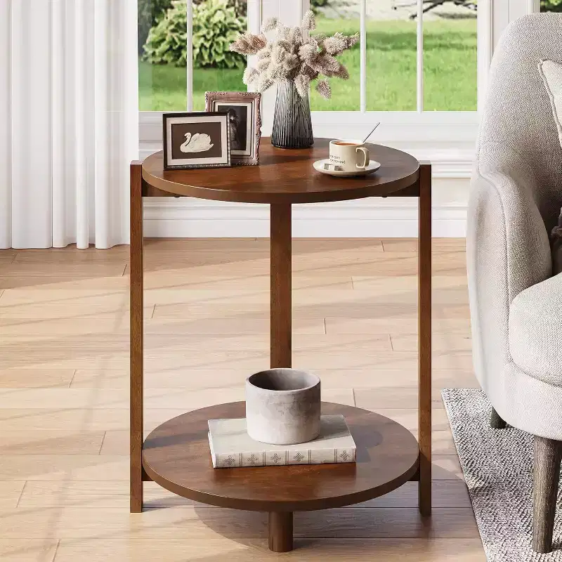 Lantine Solid Wood Side Table for Living Room, Small Round End Table with 2-Tier Storage, Accent Furniture for Small Spaces, Bedroom, Apartment, Brown