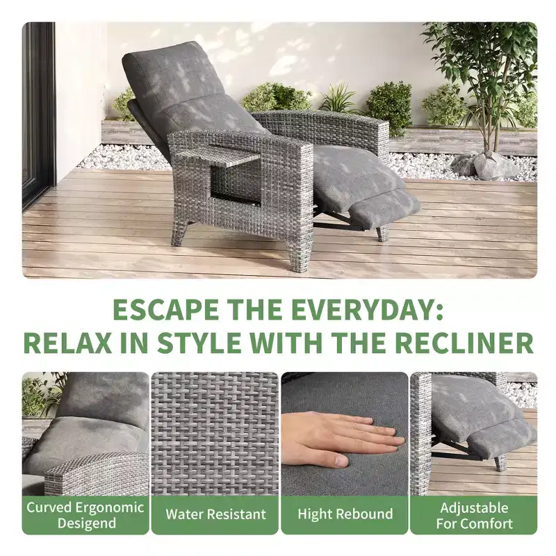Wicker Recliner Chair with Adjustable Back & Footrest,150 Lay Flat Rattan Reclining Patio Chair with Extendable Side Table & Air Pump