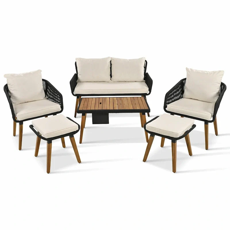 6-Piece Rope Patio Furniture Set with Acacia Wood Cool Bar Table