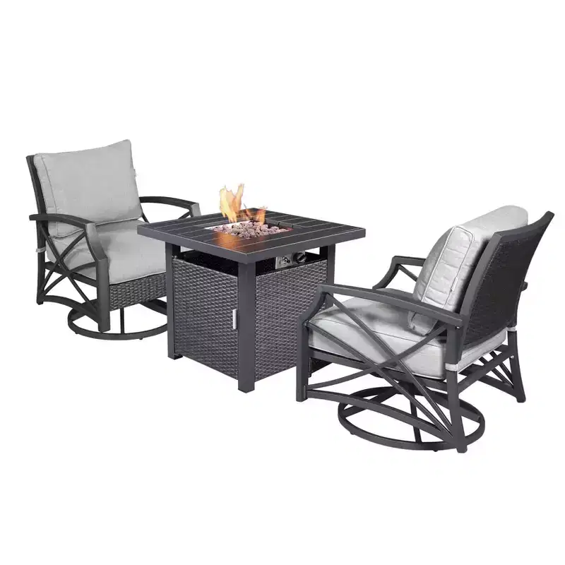 Kinger Home Lark 3-Piece Rattan Wicker Propane Fire Pit Set with an Aluminum Frame