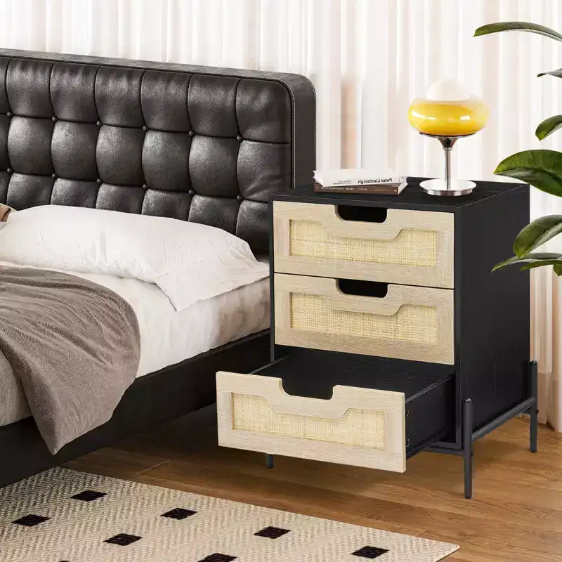 25 Tall Rattan Nightstand, Modern Farmhouse Bedside Table with 3 Natural Rattan Drawers, Sturdy Metal Legs, End Table for Bedroom or Living Room