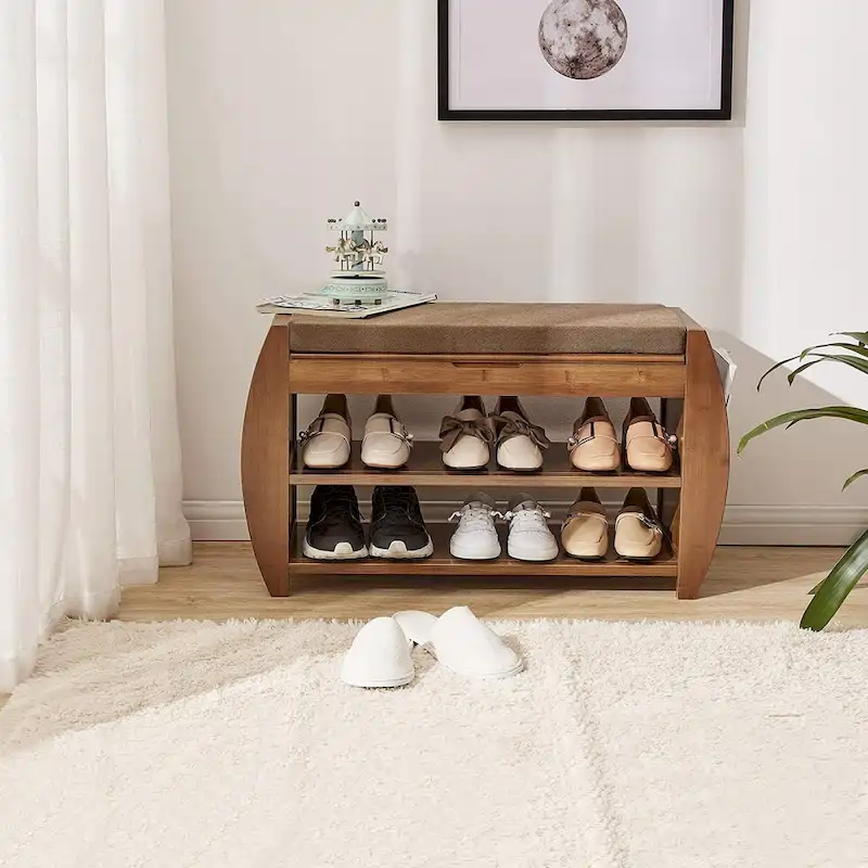 Bamboo Shoe Storage Bench with Seat Cushion