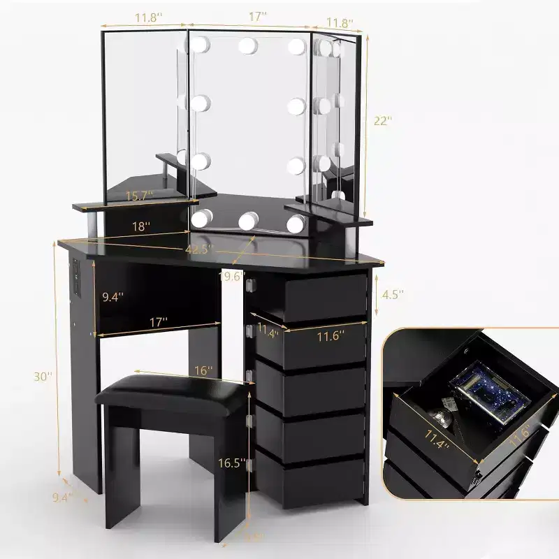 Corner Makeup Vanity Desk with Lights, Dressing Table with Power Outlet