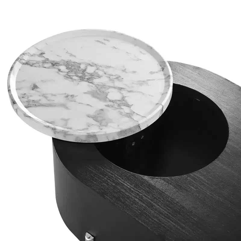 Lift Top Coffee Table Wooden Center Table with 360 Marble-patterned Rotating Tray, 3 Drawers and Hidden Compartment, Brown/Black-ModernLuxe