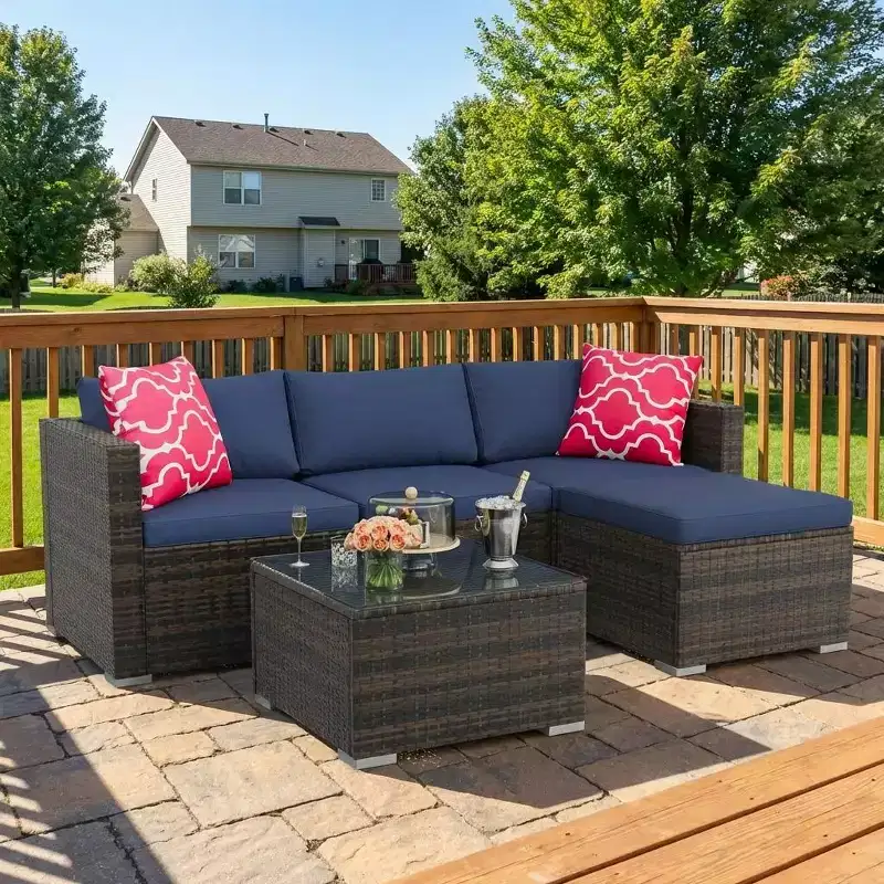 COZONY 5 Piece Patio Furniture Set, All-Weather Wicker Rattan Sectional Sofa with Cushions and Glass Coffee Table for Backyard Porch Balcony