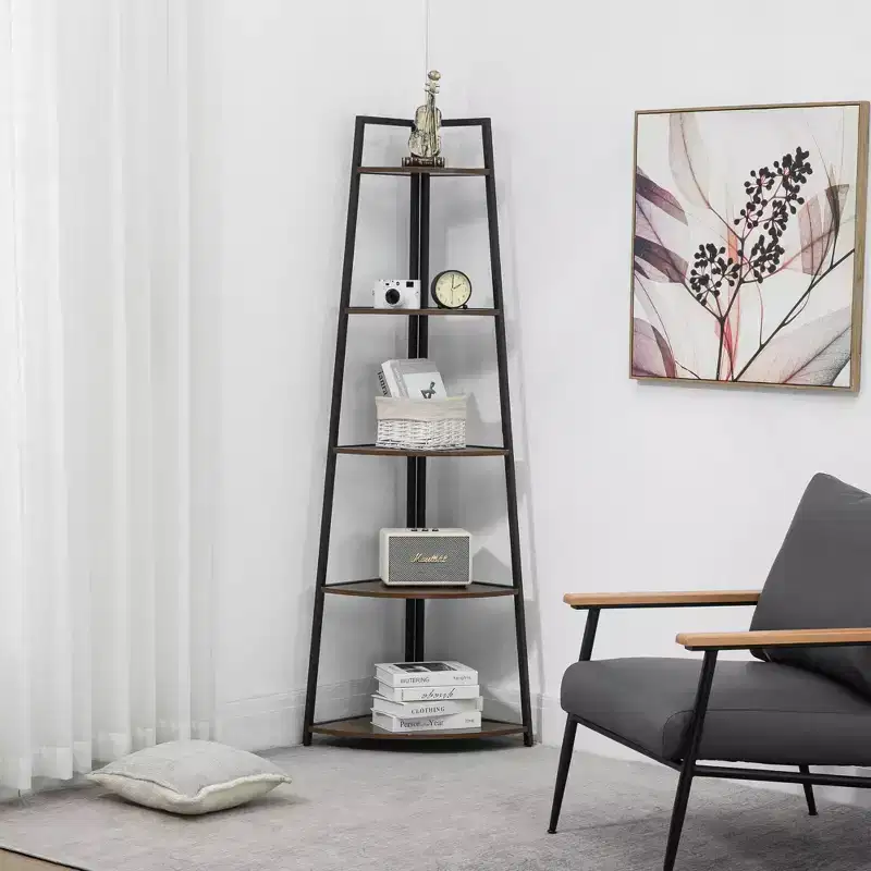 5 Tier Tall Corner Shelf Stand Large Capacity Corner Bookshelf for Living Room Kitchen Small Space (18.10 x 18.10 x 70in) Brown One Size