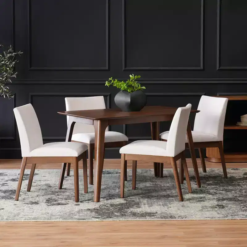 Modern Wood Dining Set for 4, 5 Pieces RectangularTable Set with 4 Upholstered Chairs for Dining Room Kitchen, Light beige,Walnut