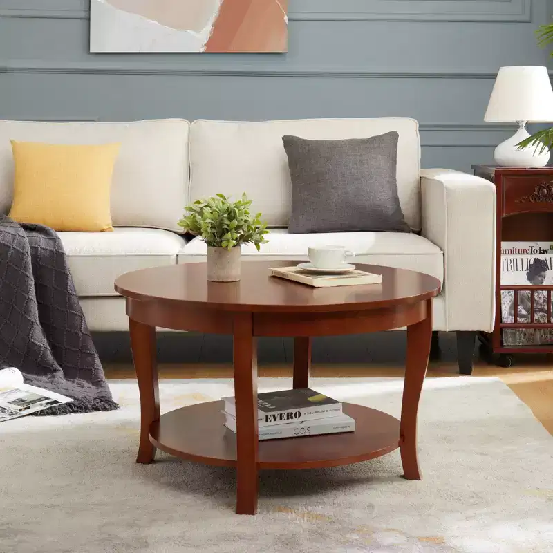 Round Coffee Table, 2-Tier Side Table with Wooden Legs, Round Coffee Table Sofa Table for Living Room Reception Room Bedrooms Apartments Studios
