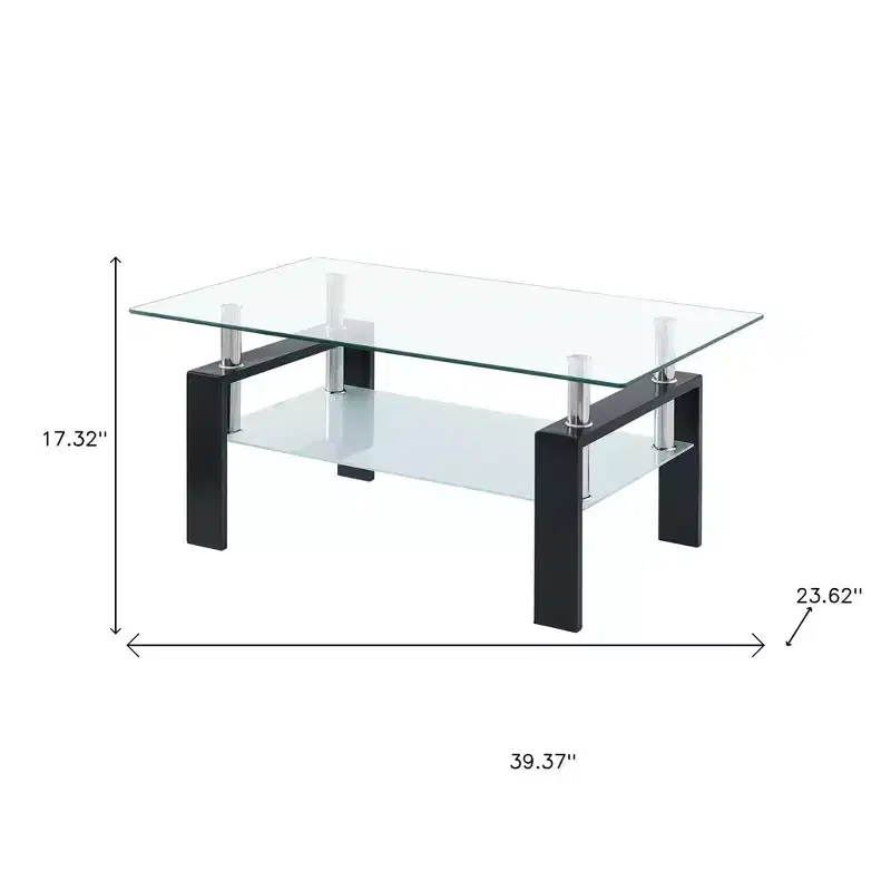 HomeRoots 39 Clear and Black Glass and Steel Coffee Table With Shelf