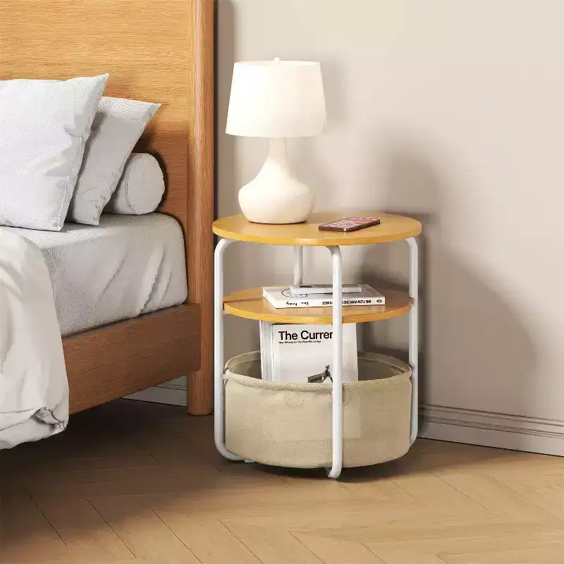 3-Tier Round End Table with Removable Fabric Storage Basket, Sturdy Iron Frame, Easy Assembly, Compact Workstation for Living Room Bedroom