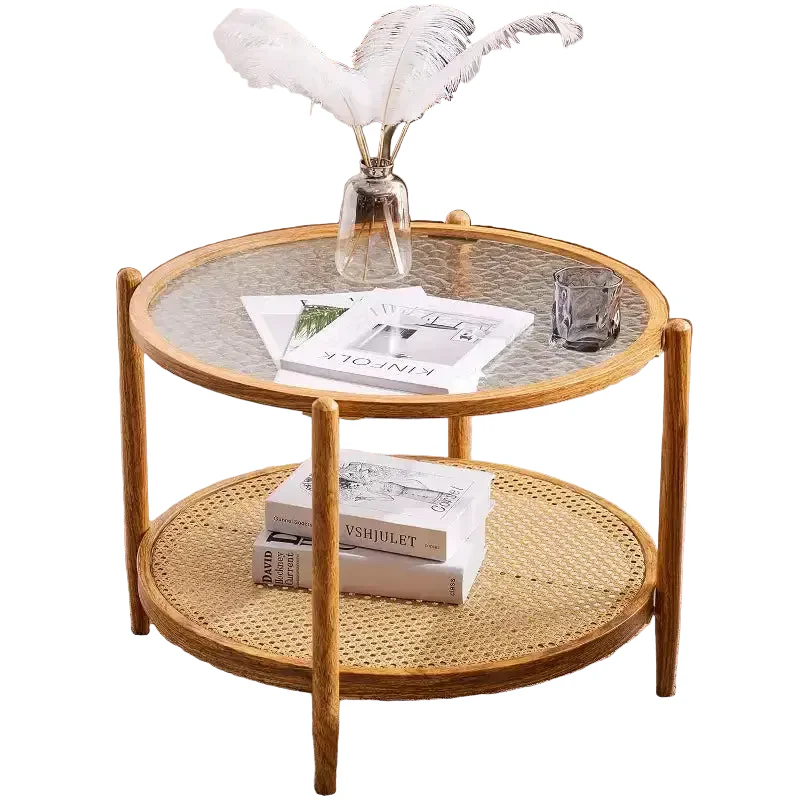 25.6 Rattan Coffee Table, Round Glass Coffee Table for Living Room,Natural Vibe