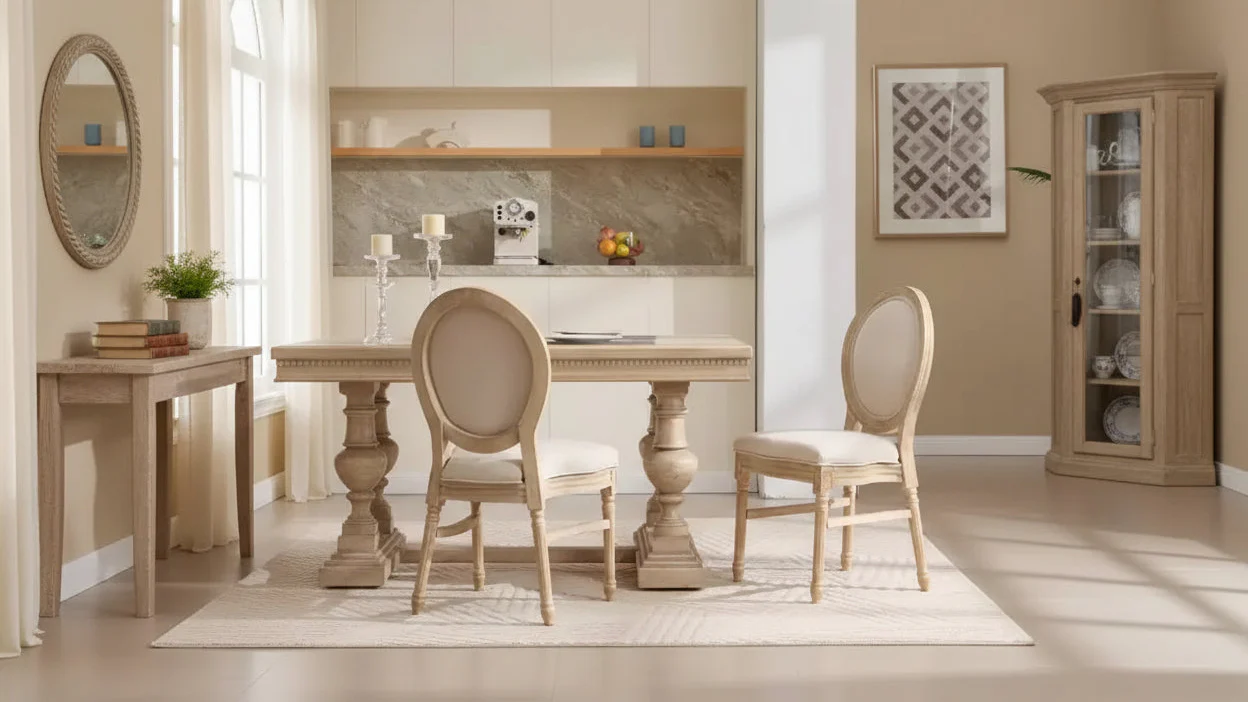 French Country Dining Chairs, Upholstered Carved Round Back Chairs, Beige