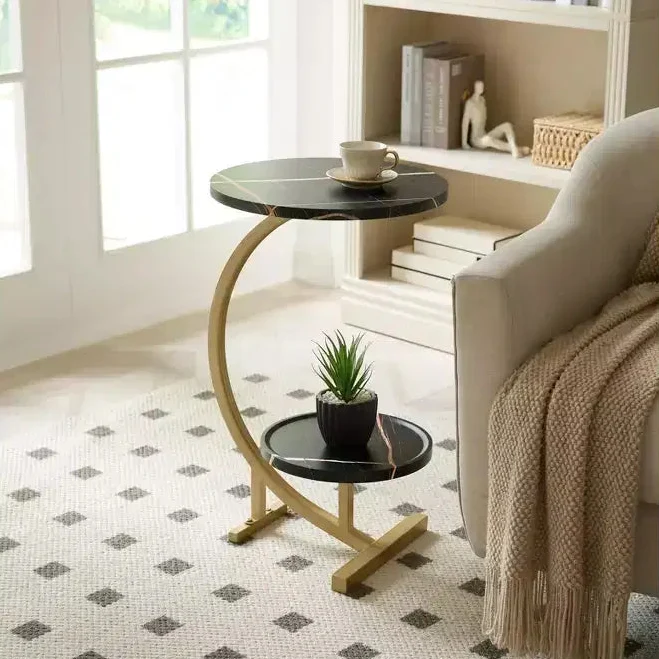 Modern Oval Side Table, Dual Shelf Faux Marble Accent Table, Small End Table for Living Room or Bedroom
