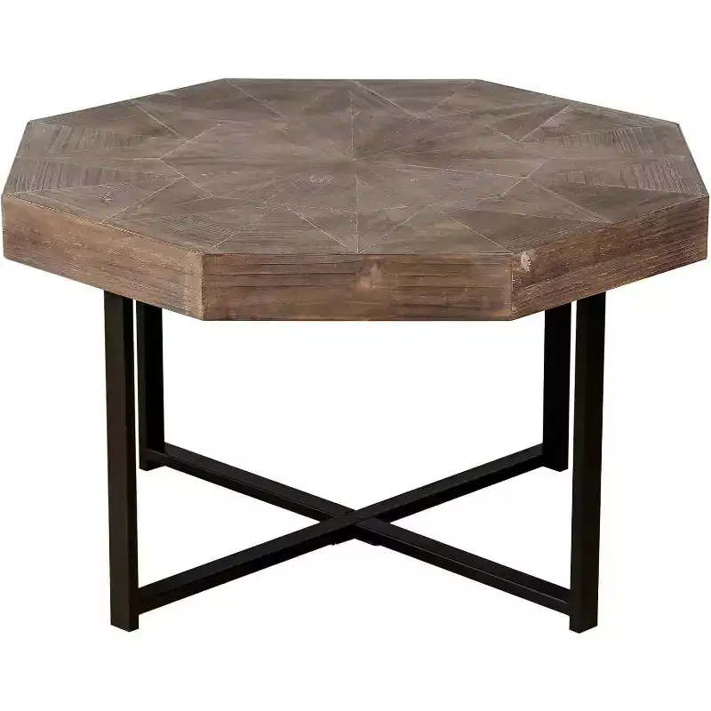 CuisinSmart Coffee Table, Vintage Patchwork Craft Farmhouse Side Table, Octagonal Wooden Side Table, Cross Metal Legs for Living Room Bedroom Balcony