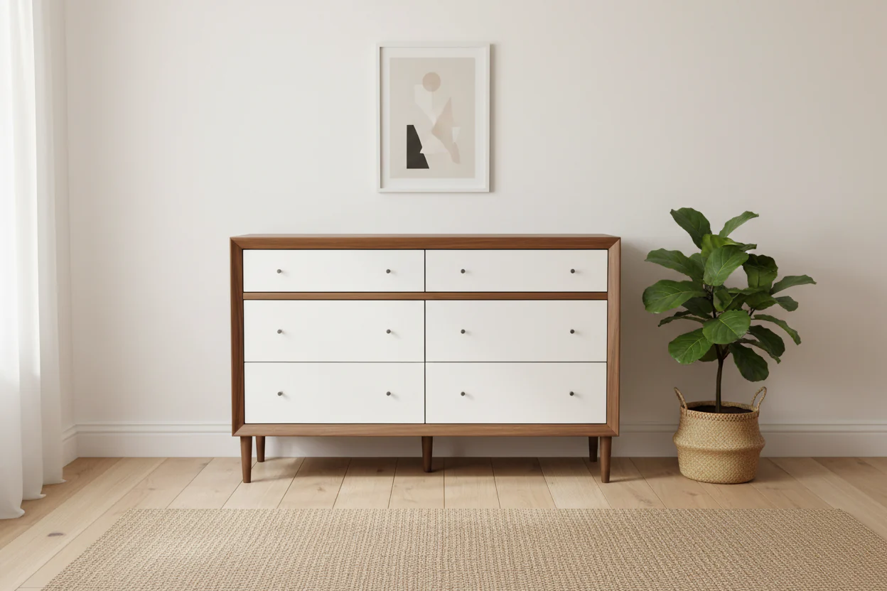 Mid-Century Modern Scandinavian Style Wood 6-Drawer Storage Dresser White/Walnut - Rubberwood Legs, Splayed Design