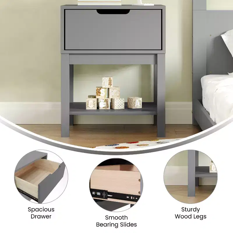 Kids Single-Drawer Nightstand with Solid Wood Frame & Open Shelf