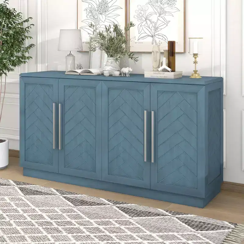 Elegant 4-Door Sideboard Storage Cabinet with Silver Handles & Adjustable Shelves, Wooden Buffet Cabinet for Kitchen/Dining Room/Hallway