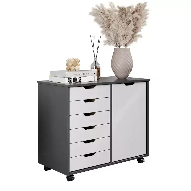 1-Door 6-Drawer Rolling Storage Cart, Pine Wood
